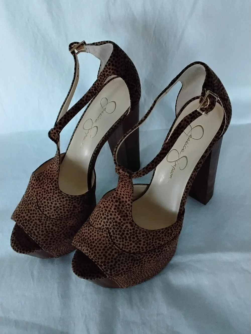 Jessica Simpson Dany Brown Leopard-Print Platform T-Strap Heels